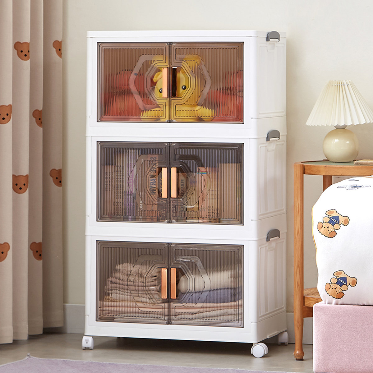 3 Pack Stackable Storage Bins 50 QT Folding Organizer Boxes Collapsible Closet With Doors Wheels Lid